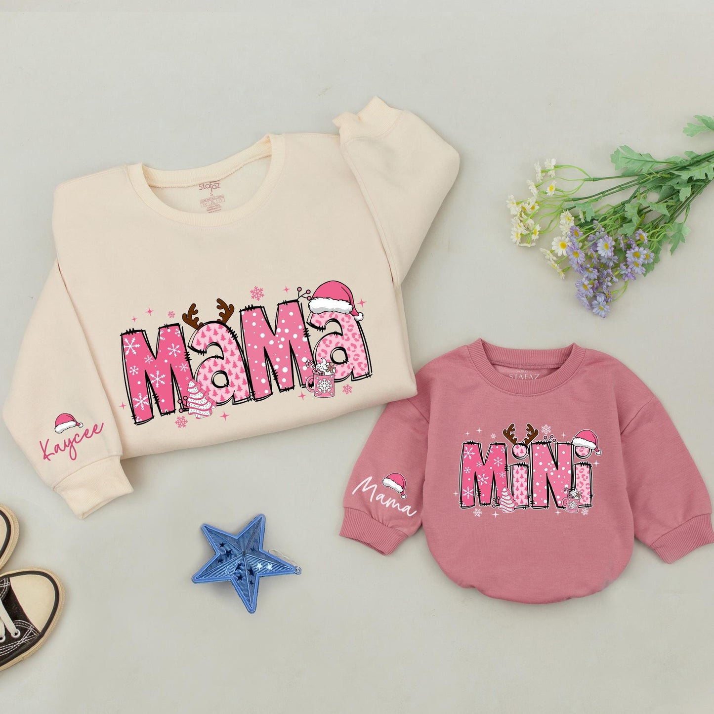 Matching Mama Mini Christmas Sweaters, Retro Pink Snowflake Design, Custom Family Outfit, Mommy and Me Shirts, Baby Romper Gift