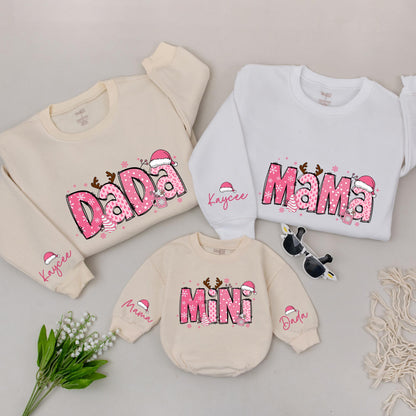 Matching Mama Mini Christmas Sweaters, Retro Pink Snowflake Design, Custom Family Outfit, Mommy and Me Shirts, Baby Romper Gift