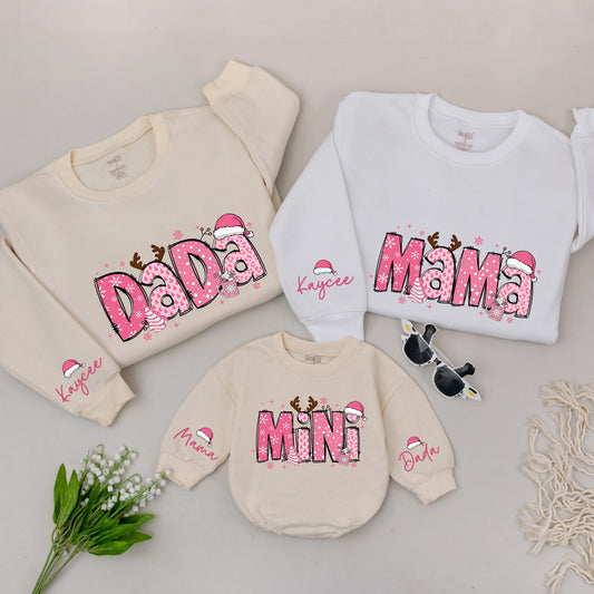 Matching Mama Mini Christmas Sweaters, Retro Pink Snowflake Design, Custom Family Outfit, Mommy and Me Shirts, Baby Romper Gift