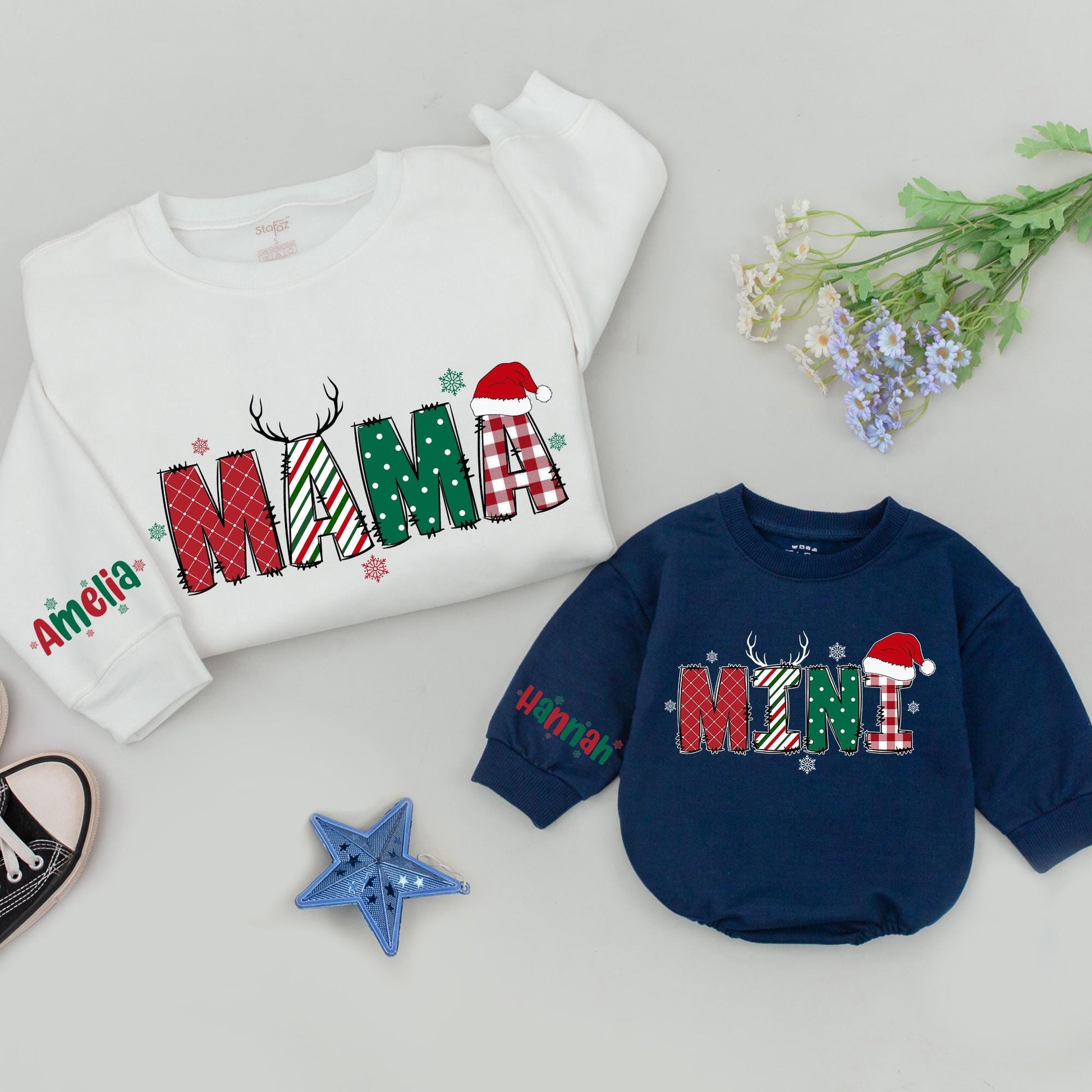 Matching Family Christmas Sweaters: Personalized Mama Mini Holiday Outfit, Red & Green Design, Plaid, Dotted & Striped Letters, Reindeer, Santa