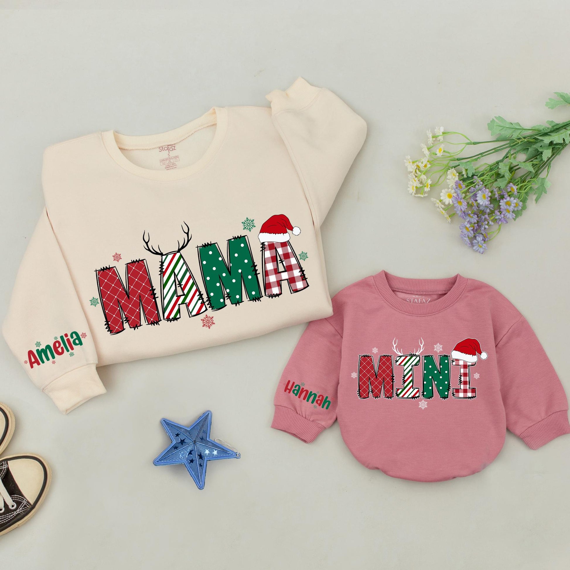 Matching Family Christmas Sweaters: Personalized Mama Mini Holiday Outfit, Red & Green Design, Plaid, Dotted & Striped Letters, Reindeer, Santa