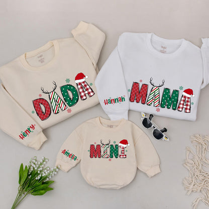 Matching Family Christmas Sweaters: Personalized Mama Mini Holiday Outfit, Red & Green Design, Plaid, Dotted & Striped Letters, Reindeer, Santa