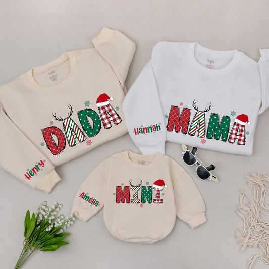 Matching Family Christmas Sweaters: Personalized Mama Mini Holiday Outfit, Red & Green Design, Plaid, Dotted & Striped Letters, Reindeer, Santa