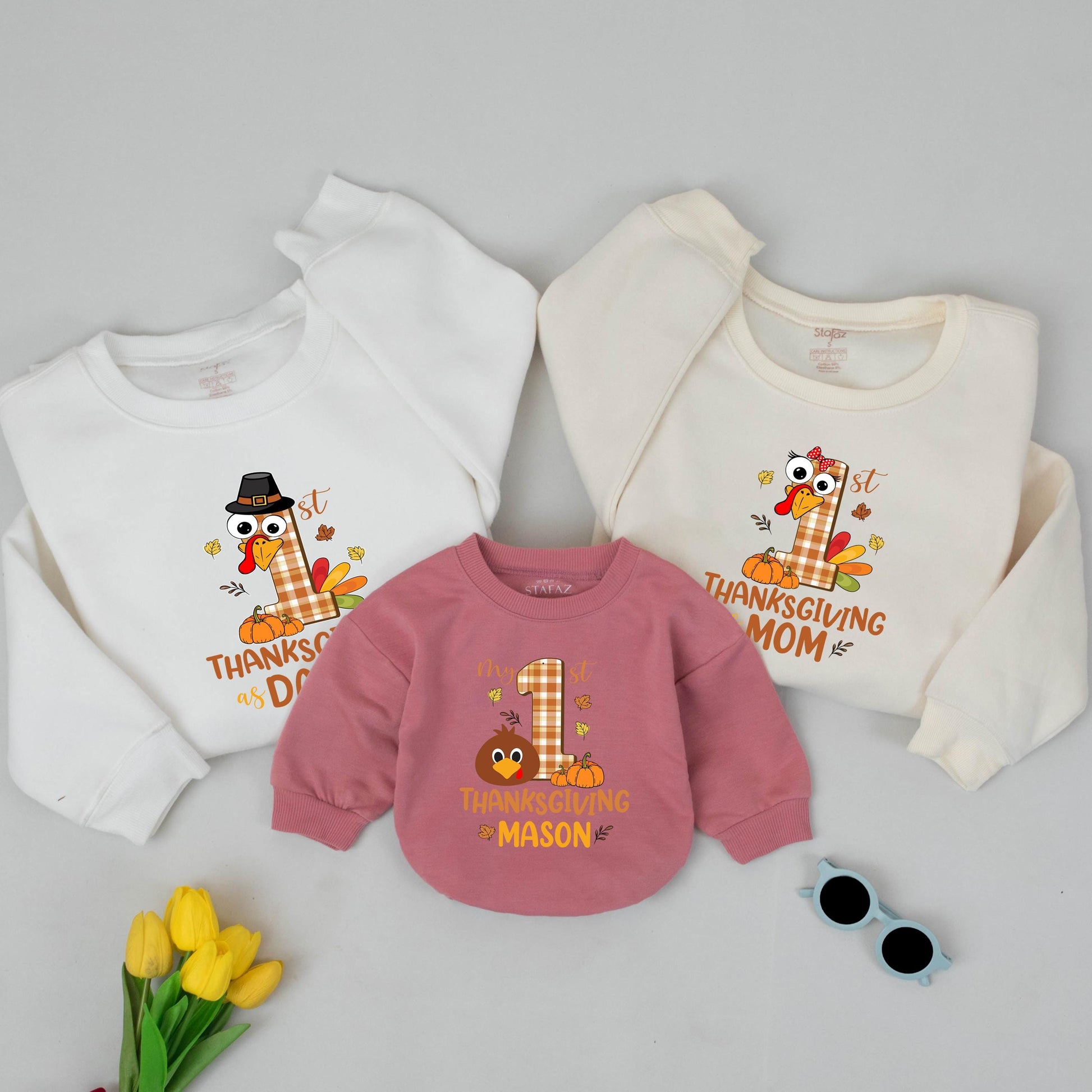 Personalized My First Thanksgiving Matching Family Shirts Baby Sweatshirt Mom Dad Kids Fall Thankful Pilgrim Turkey Plaid Pumpkin Outfit