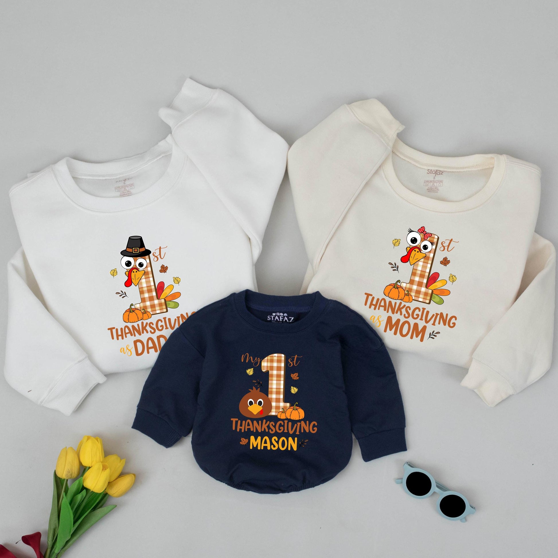 Personalized My First Thanksgiving Matching Family Shirts Baby Sweatshirt Mom Dad Kids Fall Thankful Pilgrim Turkey Plaid Pumpkin Outfit