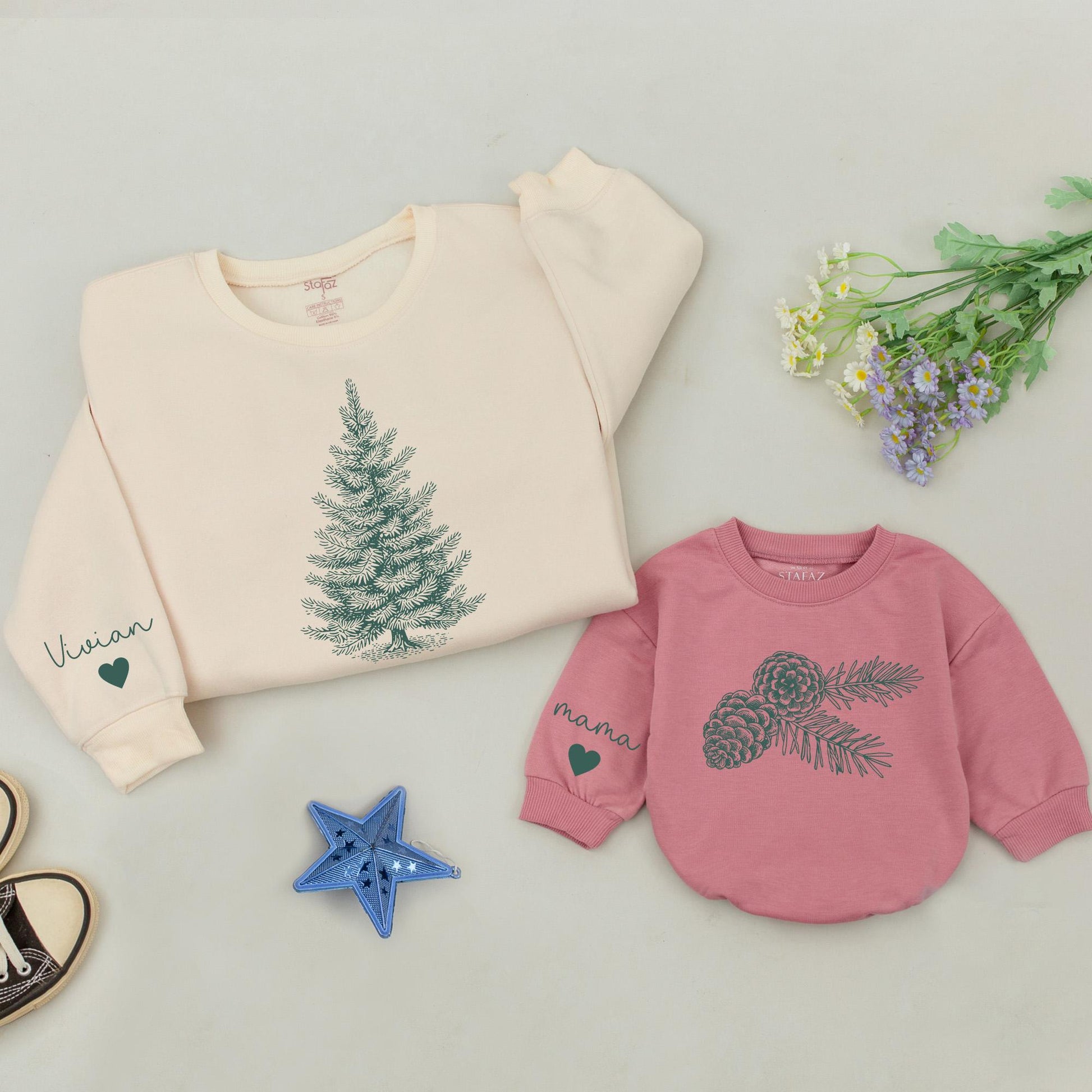 Matching Family Christmas Tree Sweaters, Personalized Pinecone & Pine Needle Design, Mommy & Me, Baby Romper Gift