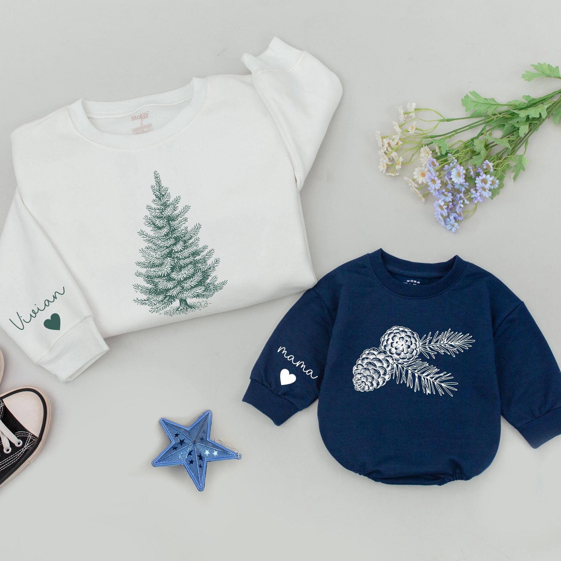 Matching Family Christmas Tree Sweaters, Personalized Pinecone & Pine Needle Design, Mommy & Me, Baby Romper Gift