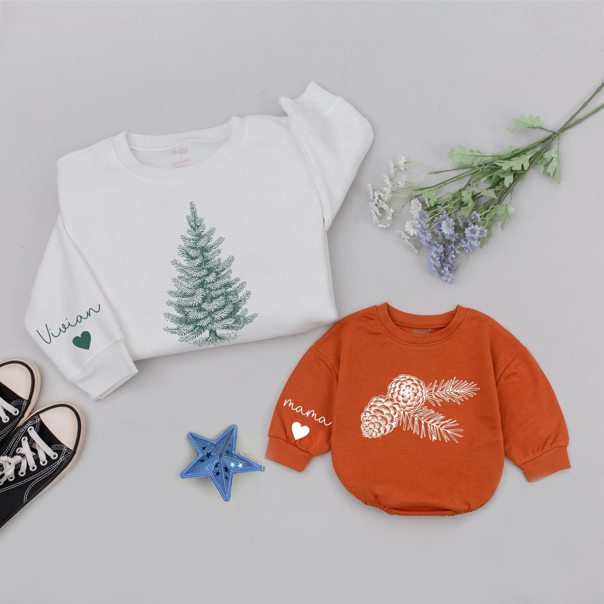 Matching Family Christmas Tree Sweaters, Personalized Pinecone & Pine Needle Design, Mommy & Me, Baby Romper Gift