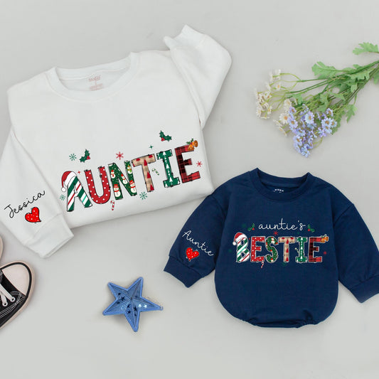 Festive Auntie's Bestie Christmas Sweatshirt: Personalized Names, Red & Green Plaid, Snowmen Holiday Outfit, Custom Aunt Gift, Matching Family Fun (139)