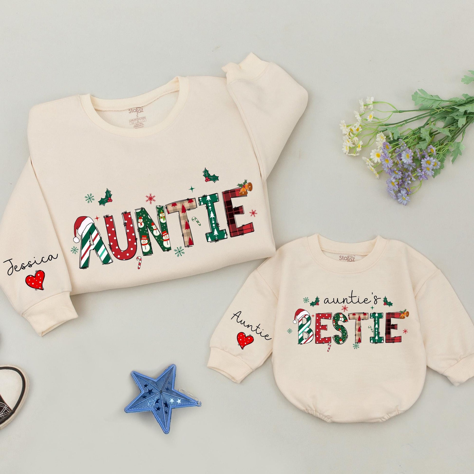 Festive Auntie's Bestie Christmas Sweatshirt: Personalized Names, Red & Green Plaid, Snowmen Holiday Outfit, Custom Aunt Gift, Matching Family Fun (139)