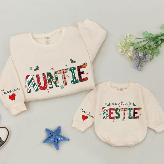 Festive Auntie's Bestie Christmas Sweatshirt: Personalized Names, Red & Green Plaid, Snowmen Holiday Outfit, Custom Aunt Gift, Matching Family Fun (139)