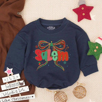 Personalized Salem Baby Girl Christmas Romper: Festive Bow Bodysuit with Glitter & Holiday Details, Custom Christmas Clothes, Santa Gift (138 chars)