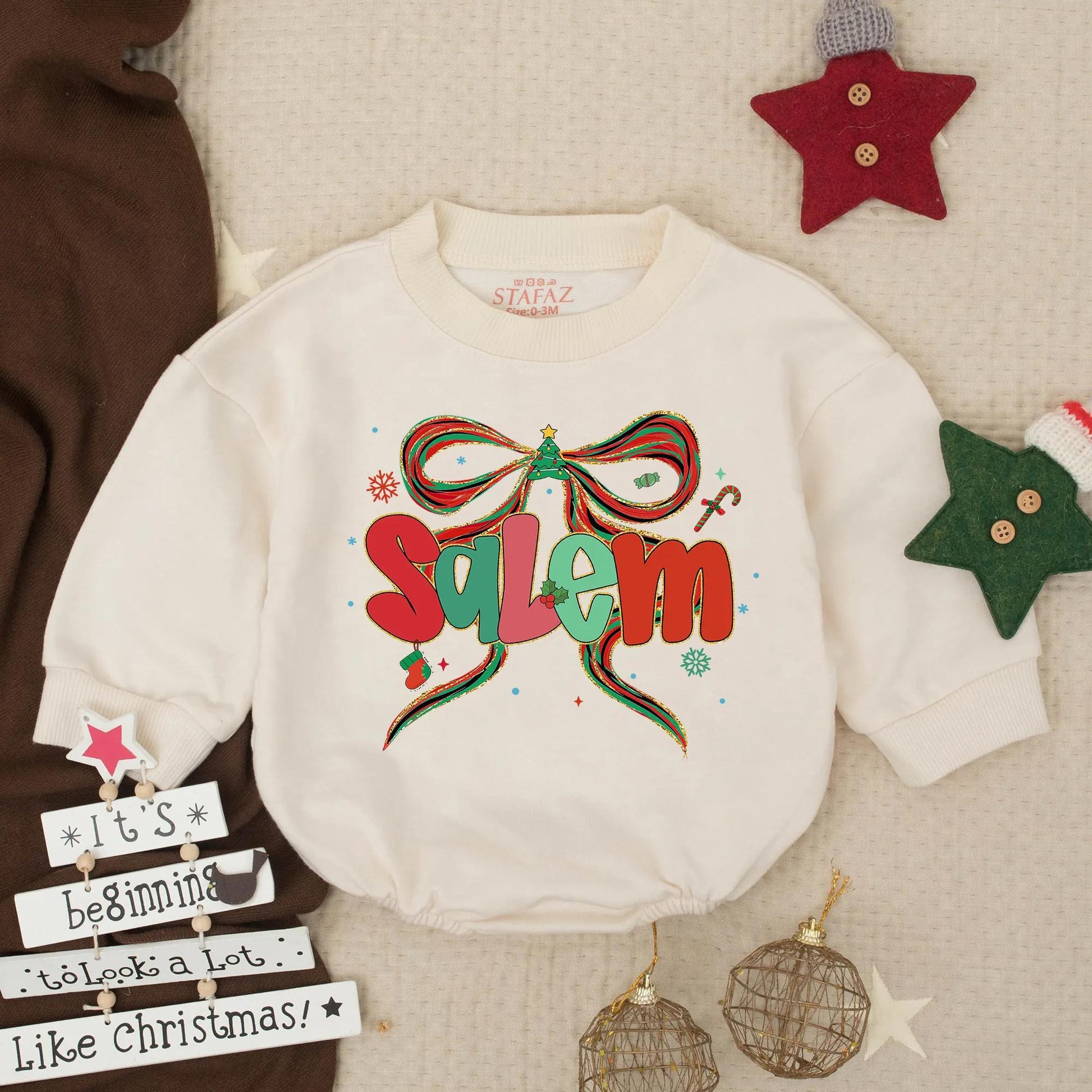 Personalized Salem Baby Girl Christmas Romper: Festive Bow Bodysuit with Glitter & Holiday Details, Custom Christmas Clothes, Santa Gift (138 chars)