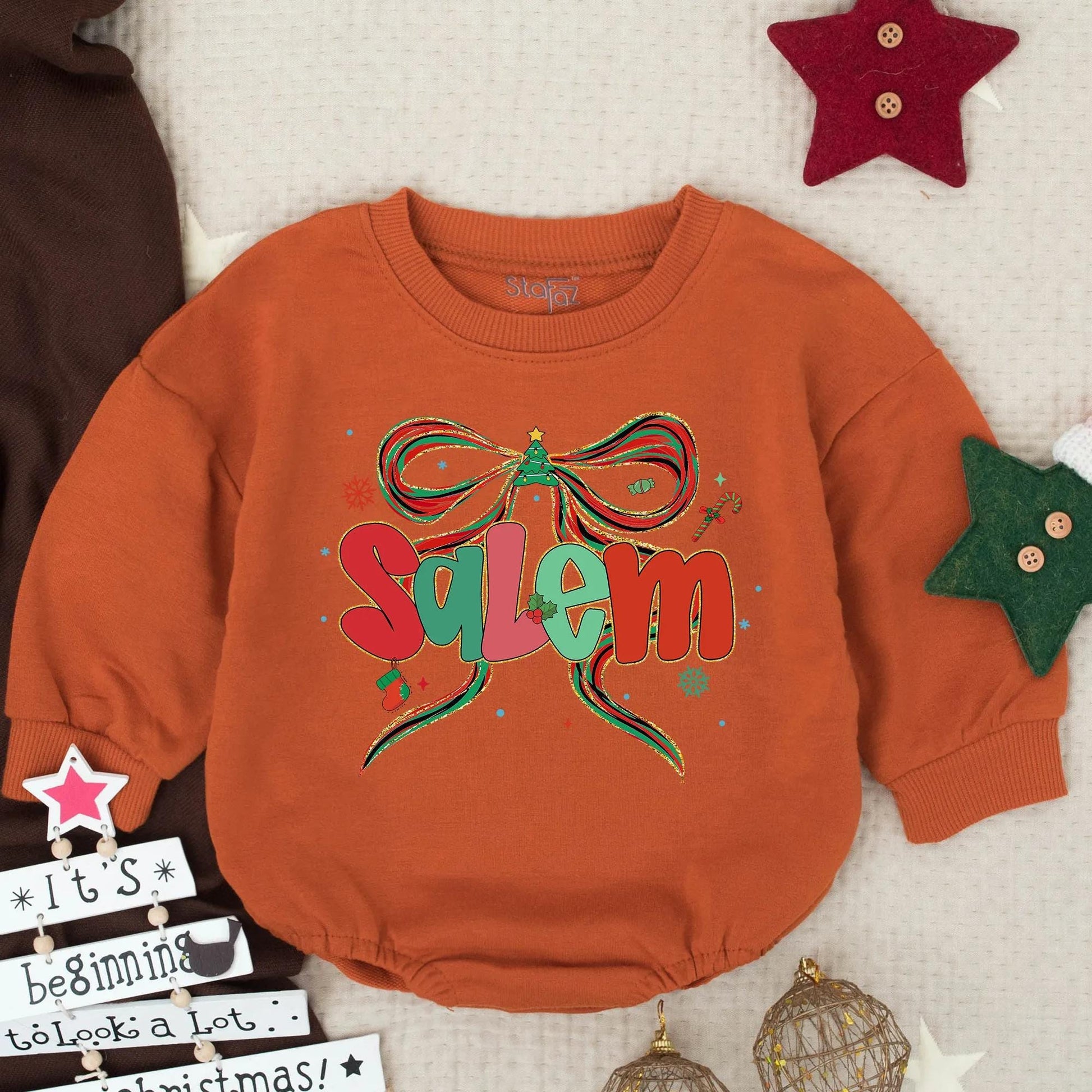 Personalized Salem Baby Girl Christmas Romper: Festive Bow Bodysuit with Glitter & Holiday Details, Custom Christmas Clothes, Santa Gift (138 chars)