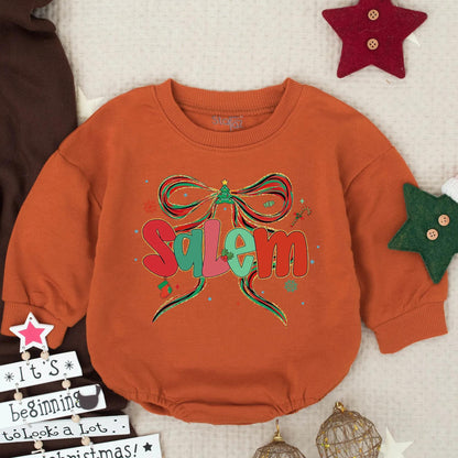 Personalized Salem Baby Girl Christmas Romper: Festive Bow Bodysuit with Glitter & Holiday Details, Custom Christmas Clothes, Santa Gift (138 chars)