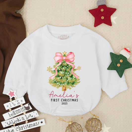 Amelia's First Christmas 2025 Romper, Gold Snowflake Christmas Tree Baby Bodysuit with Pink Bow, Girly Holiday Outfit, Newborn Gift, Personalized Romper