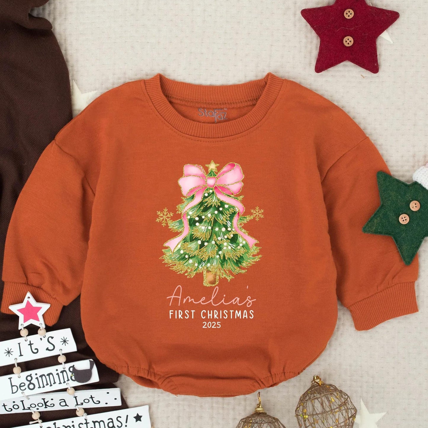 Amelia's First Christmas 2025 Romper, Gold Snowflake Christmas Tree Baby Bodysuit with Pink Bow, Girly Holiday Outfit, Newborn Gift, Personalized Romper