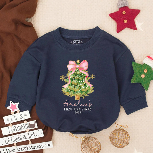 Amelia's First Christmas 2025 Romper, Gold Snowflake Christmas Tree Baby Bodysuit with Pink Bow, Girly Holiday Outfit, Newborn Gift, Personalized Romper