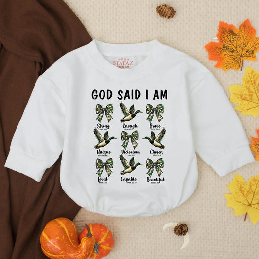 God Said I Am Mallard Duck Hunting Baby Romper, Southern Boy Bubble Bodysuit, Outdoor Camo Infant Outfit, Rustic Country Shower Gift Boy Clothes (139)