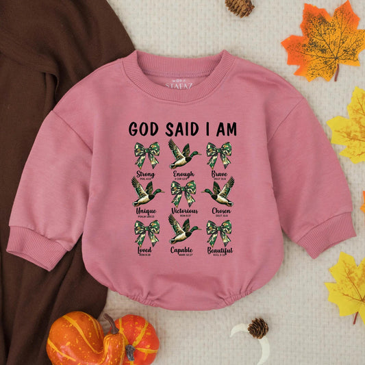 God Said I Am Mallard Duck Hunting Baby Romper, Southern Boy Bubble Bodysuit, Outdoor Camo Infant Outfit, Rustic Country Shower Gift Boy Clothes (139)