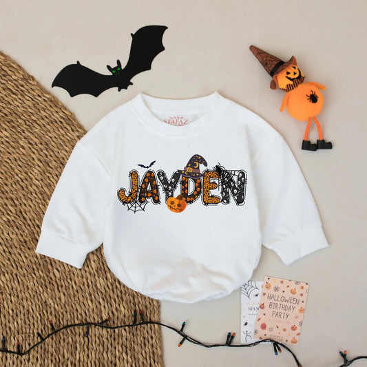 Personalized Halloween Baby Name Bubble Romper Infant Boy Outfit with Spooky Spiderweb Pumpkin Skull Witch Hat Design First Celebration