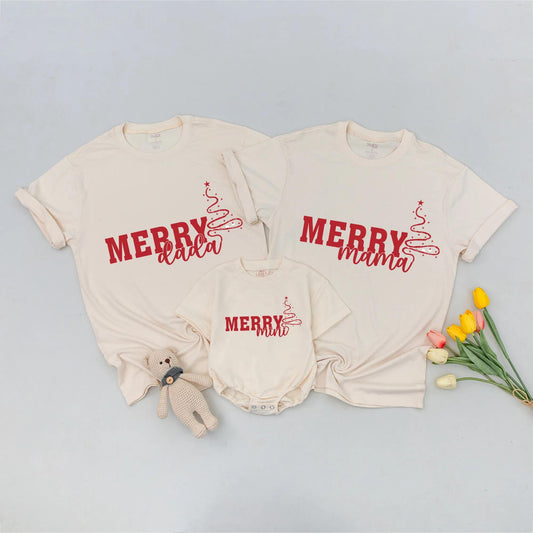 Merry Mama Dada Mini Matching Family Christmas Outfits Red Festive Tree Design Mommy and Me Sweaters for Holiday Celebrations