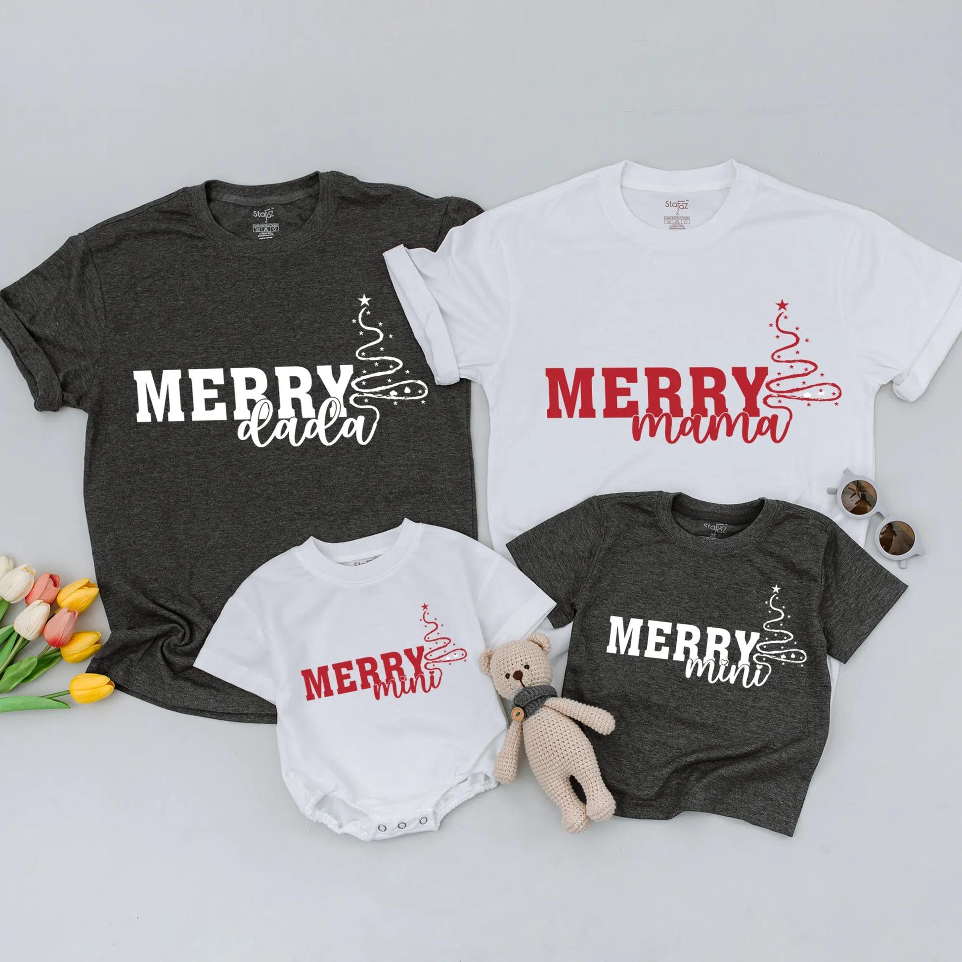 Merry Mama Dada Mini Matching Family Christmas Outfits Red Festive Tree Design Mommy and Me Sweaters for Holiday Celebrations