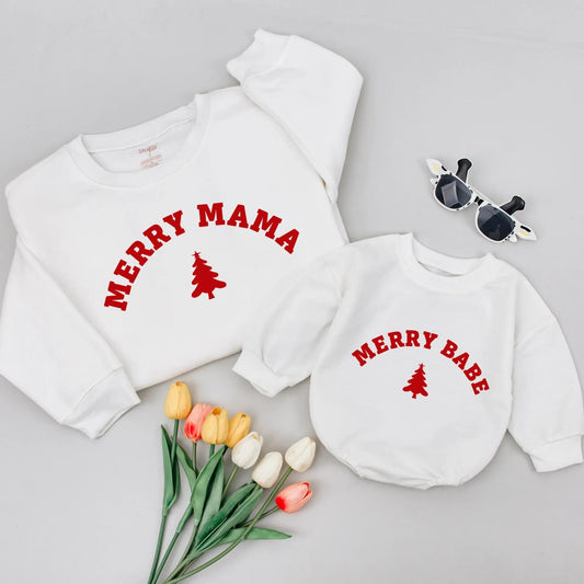 Merry Mama & Babe Christmas Shirts: Matching Mommy & Me Red Tree Holiday Sweatshirt Set, Family Xmas Gift