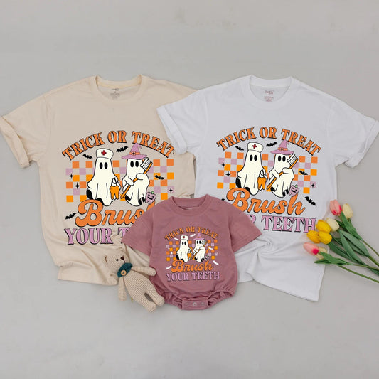 Funny Halloween Baby Shirt Trick or Treat Brush Your Teeth Cute Ghost Design Mommy and Me Matching Outfit