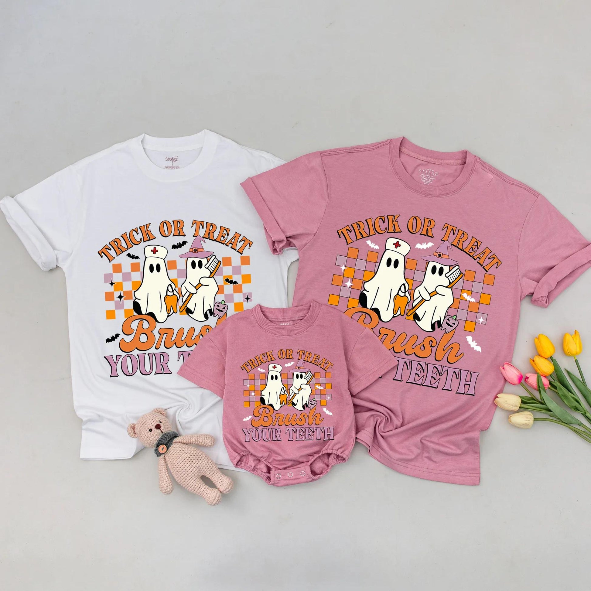 Funny Halloween Baby Shirt Trick or Treat Brush Your Teeth Cute Ghost Design Mommy and Me Matching Outfit