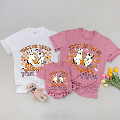 Funny Halloween Baby Shirt Trick or Treat Brush Your Teeth Cute Ghost Design Mommy and Me Matching Outfit