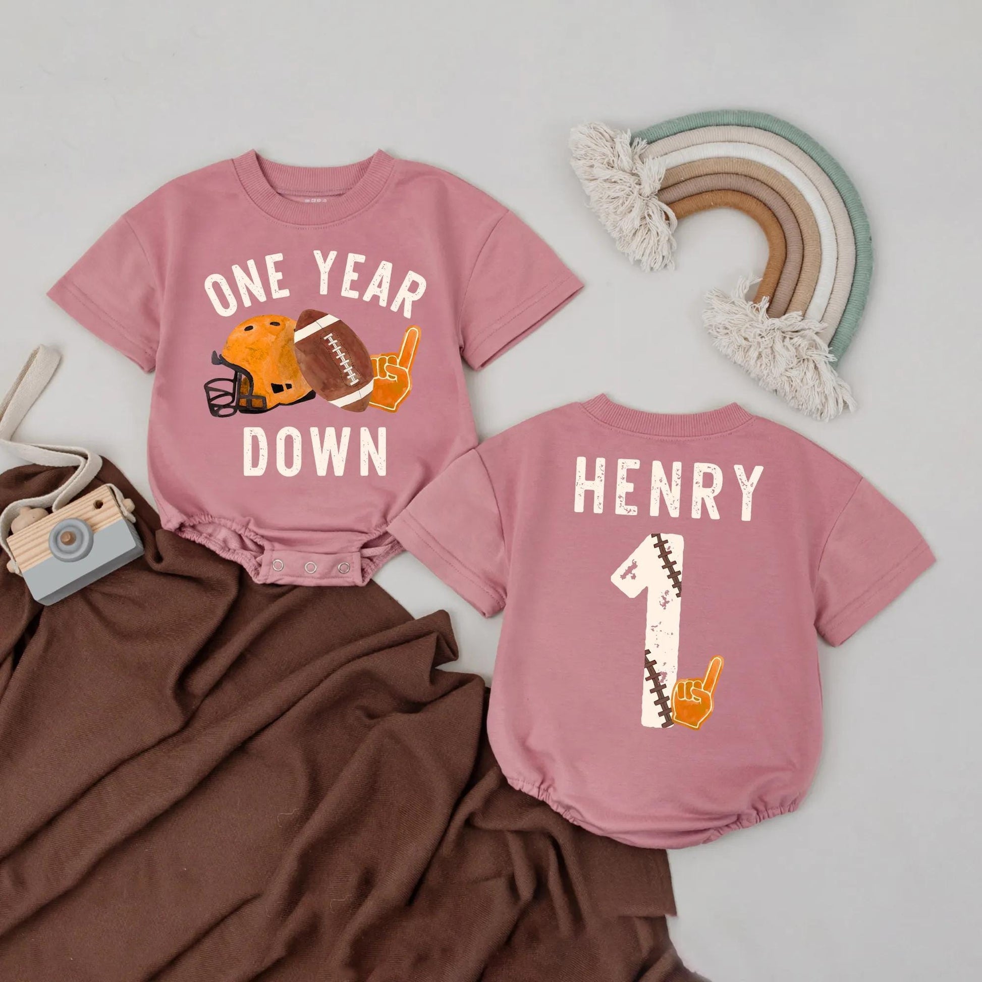 Custom One Year Down Football Romper for Baby Boy: Personalized Name First Birthday Outfit, Game Day Bodysuit, Sporty Gift