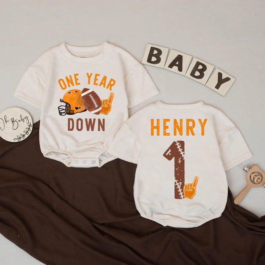 Custom One Year Down Football Romper for Baby Boy: Personalized Name First Birthday Outfit, Game Day Bodysuit, Sporty Gift