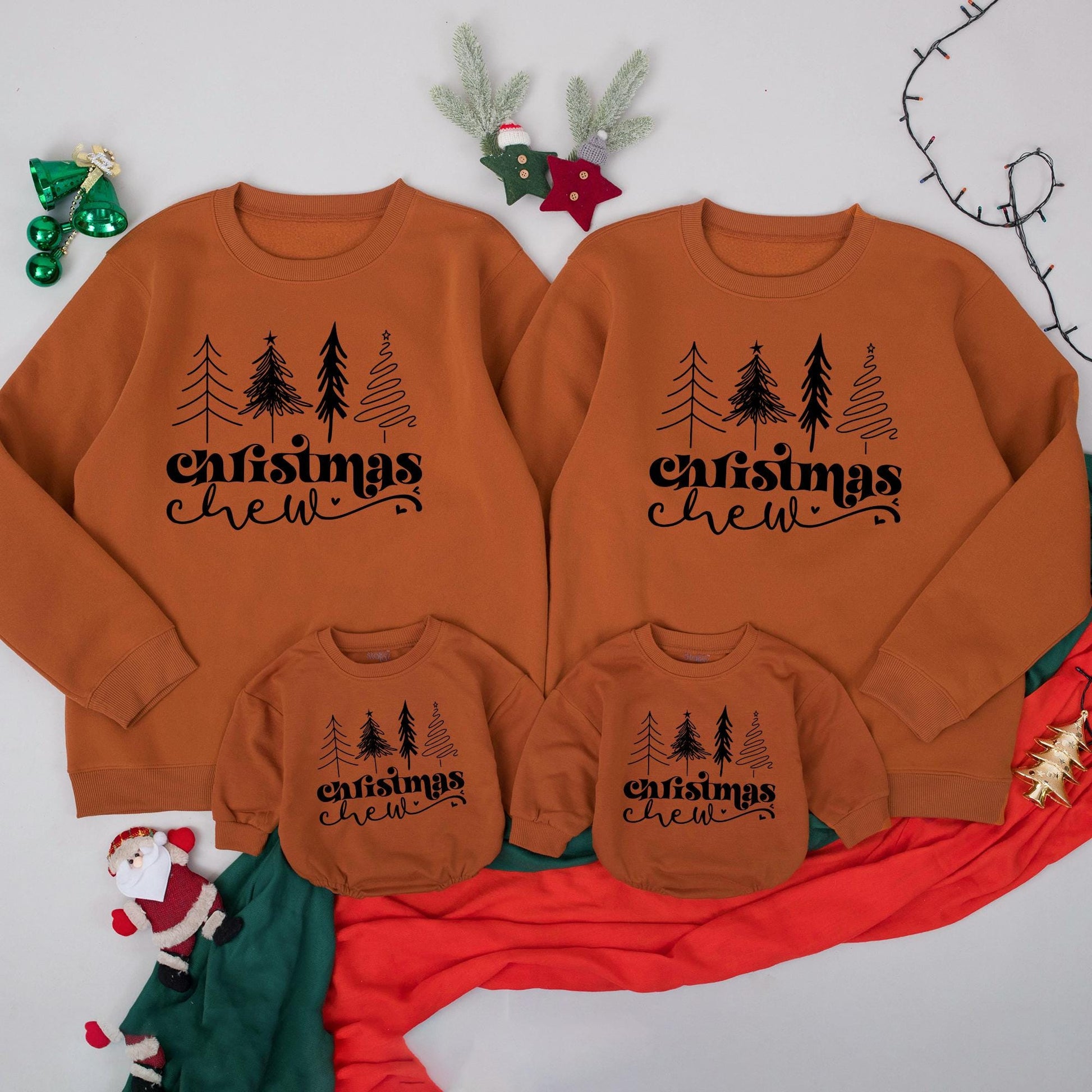 Cute Christmas Crew Matching Family Pullover Black Graphic Trees & Cursive Text Holiday Outfits Baby Toddler Kids Adult Sweaters