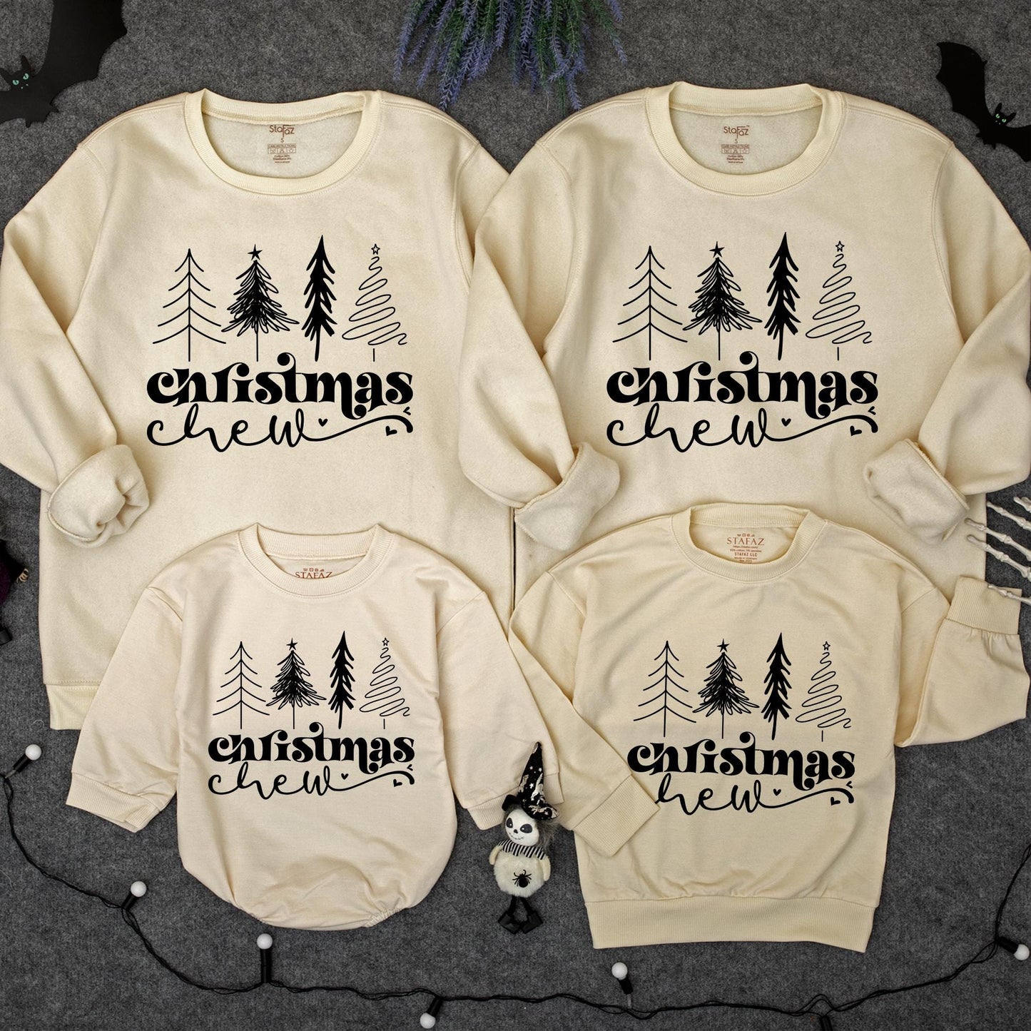 Cute Christmas Crew Matching Family Pullover Black Graphic Trees & Cursive Text Holiday Outfits Baby Toddler Kids Adult Sweaters