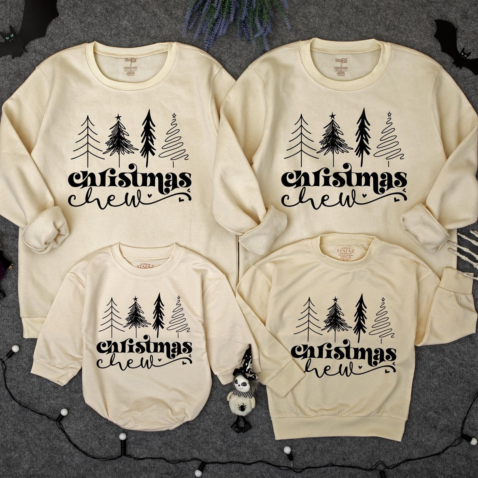 Cute Christmas Crew Matching Family Pullover Black Graphic Trees & Cursive Text Holiday Outfits Baby Toddler Kids Adult Sweaters