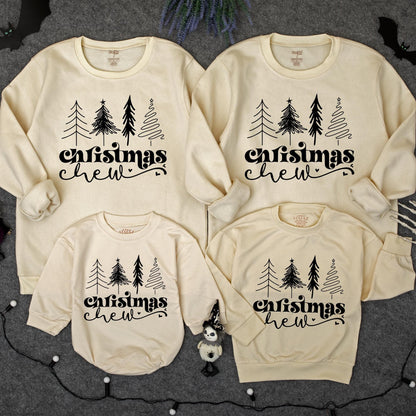 Cute Christmas Crew Matching Family Pullover Black Graphic Trees & Cursive Text Holiday Outfits Baby Toddler Kids Adult Sweaters