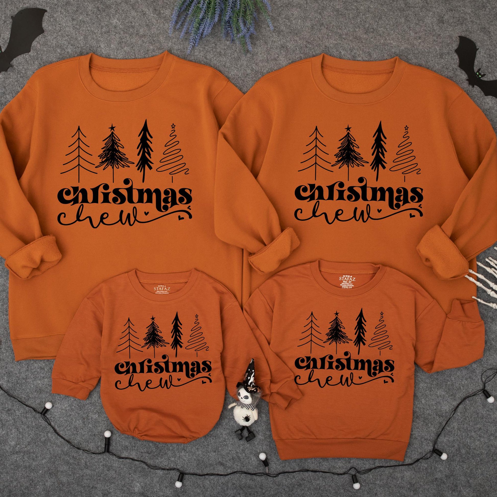 Cute Christmas Crew Matching Family Pullover Black Graphic Trees & Cursive Text Holiday Outfits Baby Toddler Kids Adult Sweaters