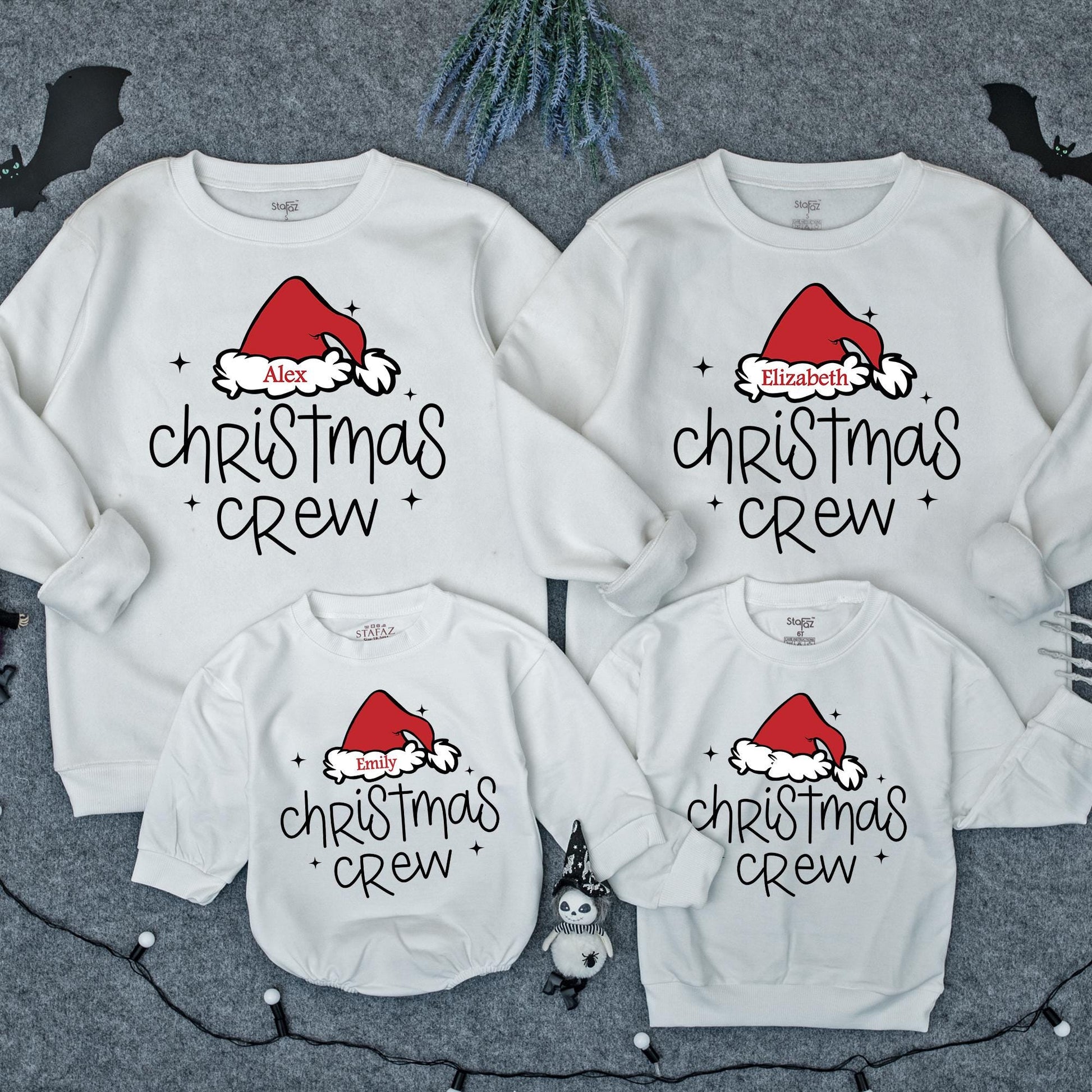 Matching Christmas Crew Family Sweatshirts with Santa Hat Design Custom Names Holiday Outfits