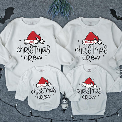 Matching Christmas Crew Family Sweatshirts with Santa Hat Design Custom Names Holiday Outfits