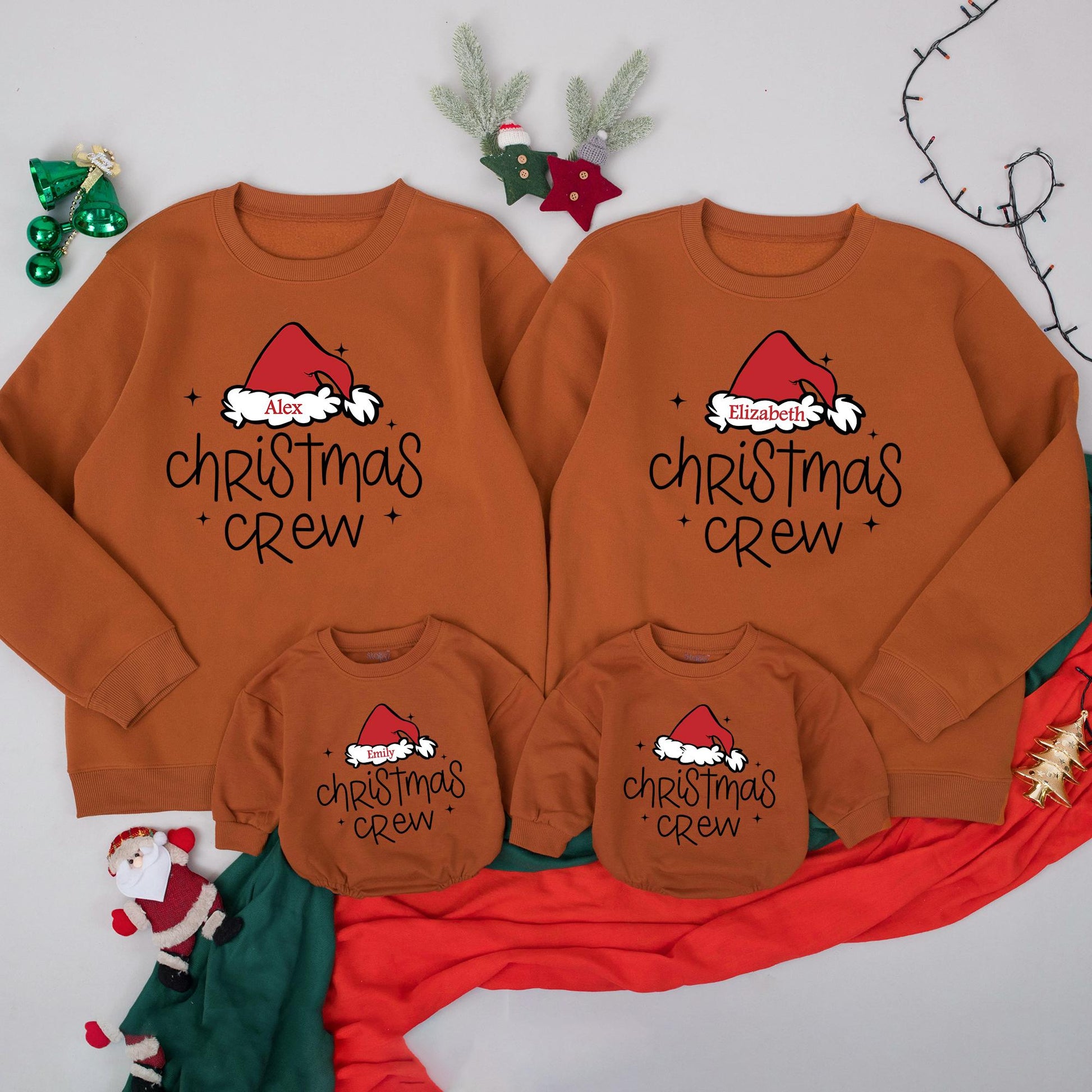 Matching Christmas Crew Family Sweatshirts with Santa Hat Design Custom Names Holiday Outfits
