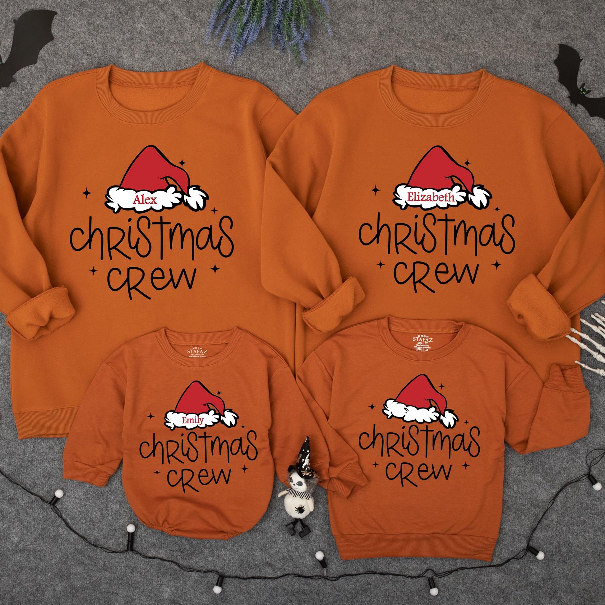 Matching Christmas Crew Family Sweatshirts with Santa Hat Design Custom Names Holiday Outfits