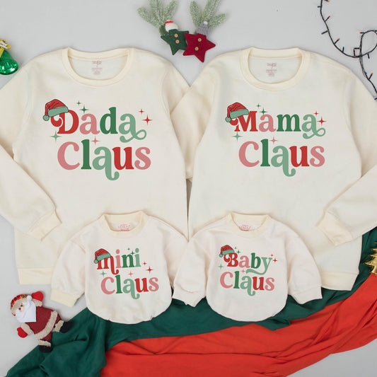 Custom Mama & Mini Claus Retro Christmas Matching Family Sweatshirt Set with Green & Red Vintage Stars Newborn Baby Romper Holiday Outfit