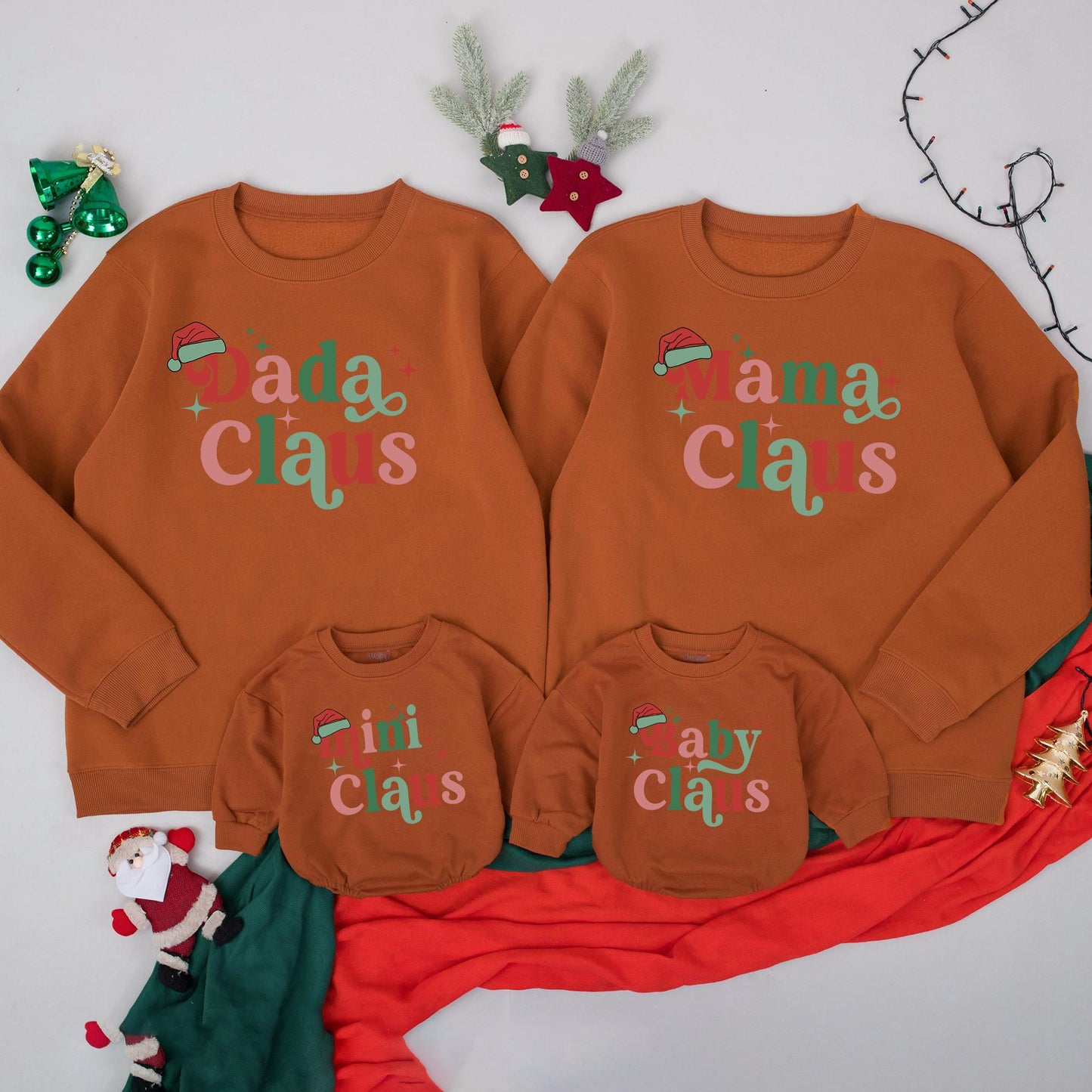 Custom Mama & Mini Claus Retro Christmas Matching Family Sweatshirt Set with Green & Red Vintage Stars Newborn Baby Romper Holiday Outfit