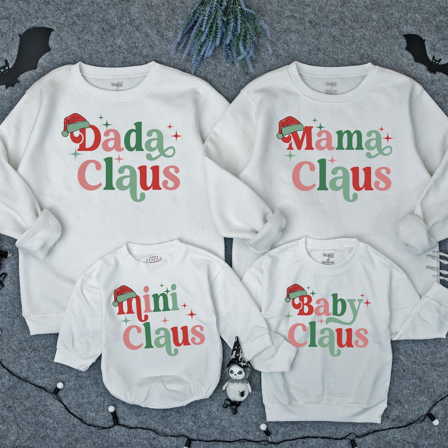 Custom Mama & Mini Claus Retro Christmas Matching Family Sweatshirt Set with Green & Red Vintage Stars Newborn Baby Romper Holiday Outfit