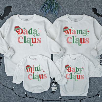 Custom Mama & Mini Claus Retro Christmas Matching Family Sweatshirt Set with Green & Red Vintage Stars Newborn Baby Romper Holiday Outfit