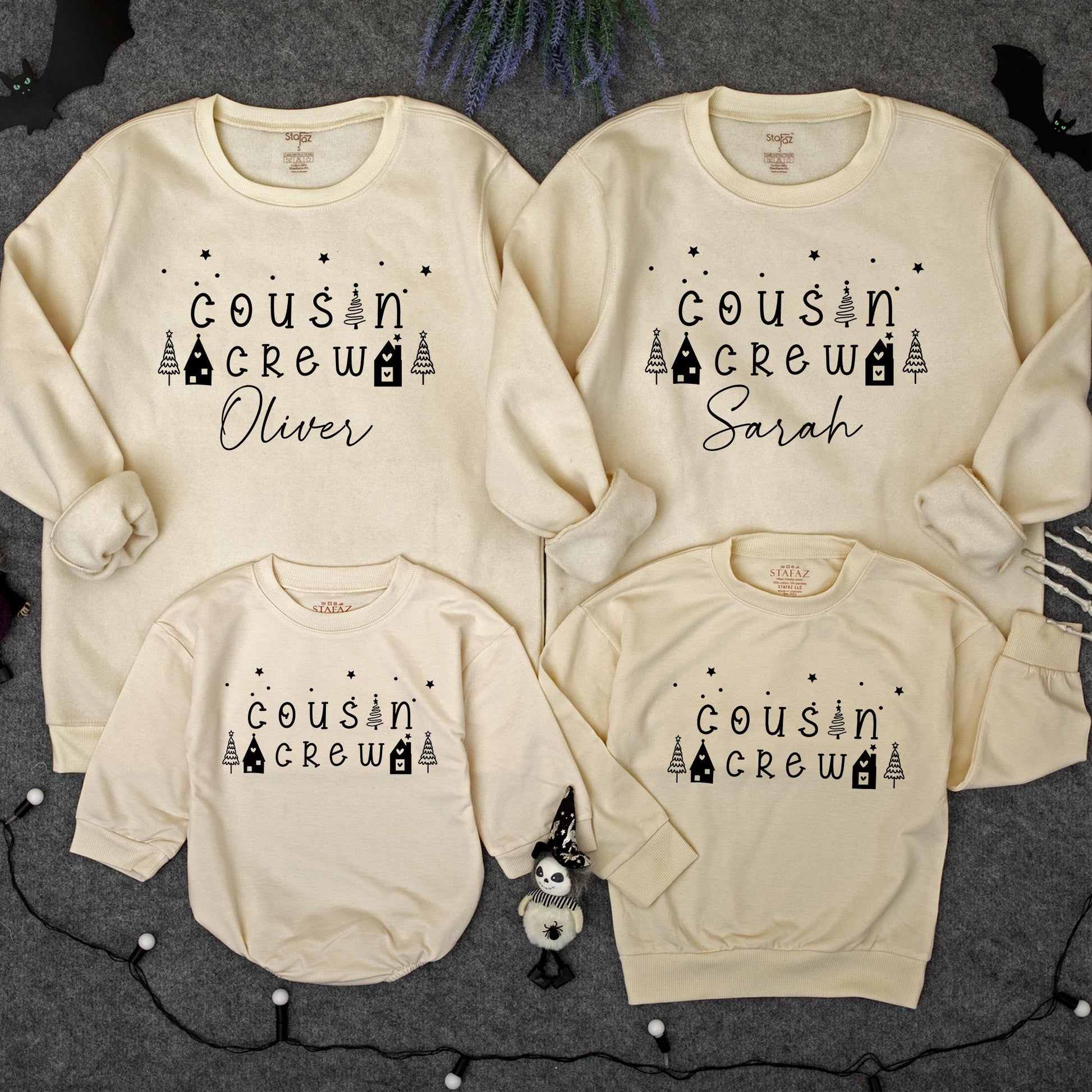 Matching Cousin Crew Christmas Sweatshirts Custom Names Retro Family Xmas Outfits Toddler Baby Holiday Clothes Stars Trees Houses