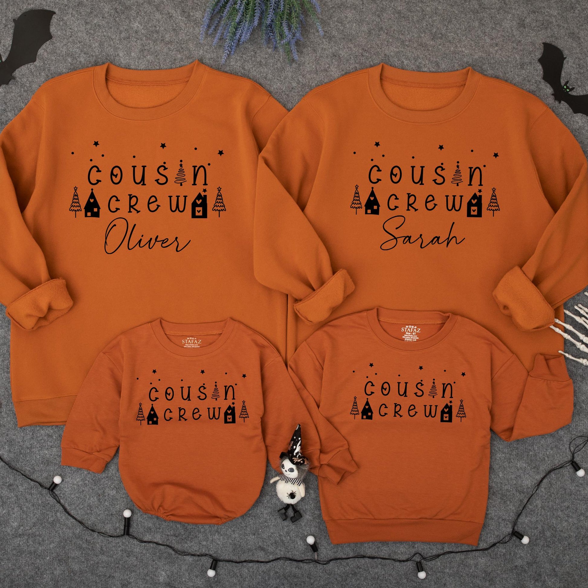 Matching Cousin Crew Christmas Sweatshirts Custom Names Retro Family Xmas Outfits Toddler Baby Holiday Clothes Stars Trees Houses