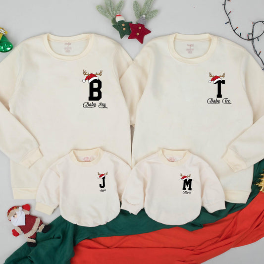 Personalized Christmas Family Sweatshirt 2025, Santa Hat Initial & Name Matching Outfits, Custom Baby Romper Holiday Gift, Festive Monogrammed Tee 2025