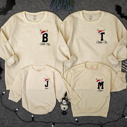 Personalized Christmas Family Sweatshirt 2025, Santa Hat Initial & Name Matching Outfits, Custom Baby Romper Holiday Gift, Festive Monogrammed Tee 2025